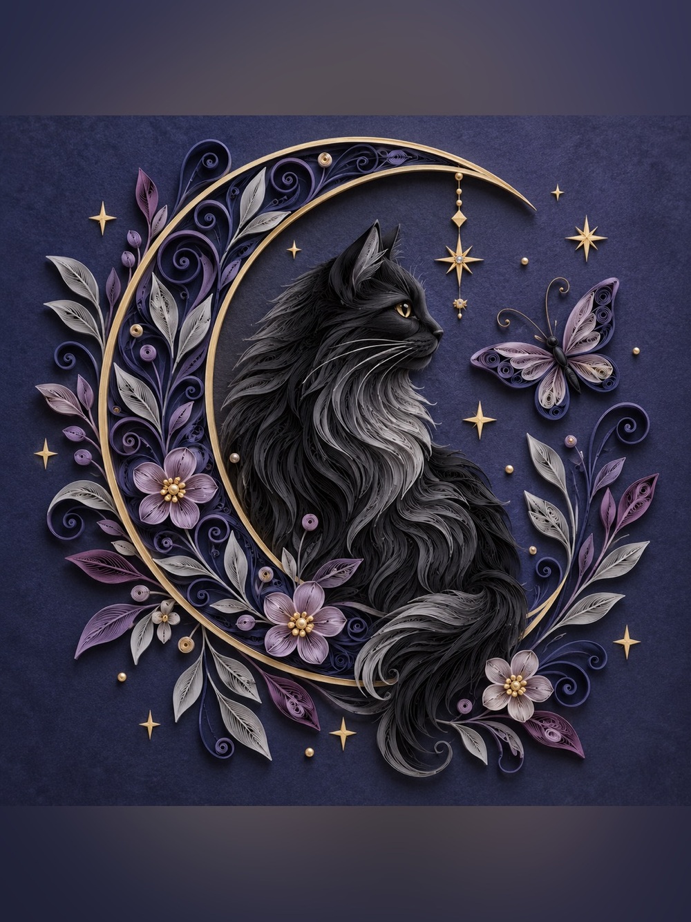 8x8 Framed Midnight Cat Moon Art Print — Black & Purple Floral Design